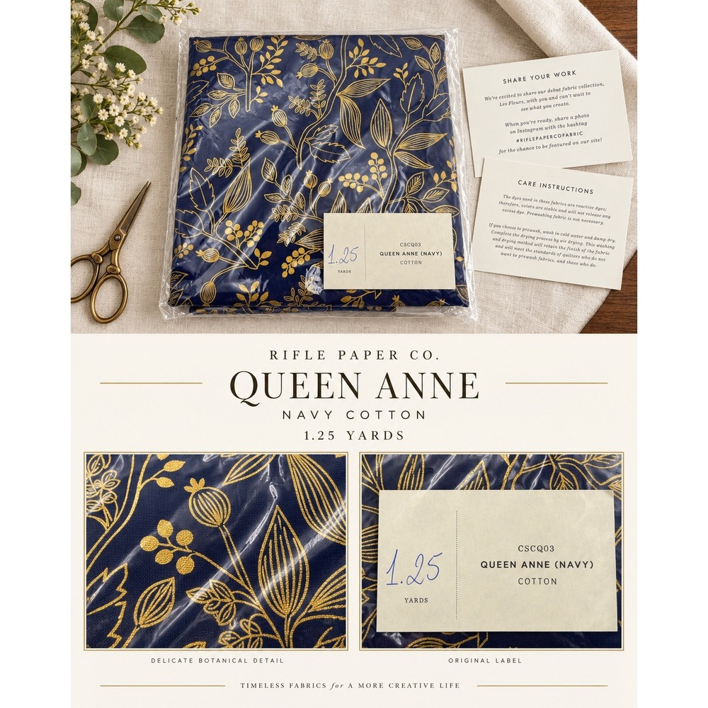 Rifle Paper Co Les Fleurs Queen Anne Navy Gold Metallic Cotton Fabric 1.25 Yards